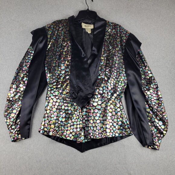 Vintage Dekers Paris Jacket Skirt Suit Womens 44 Black Satin Iridescent 80s Glam
